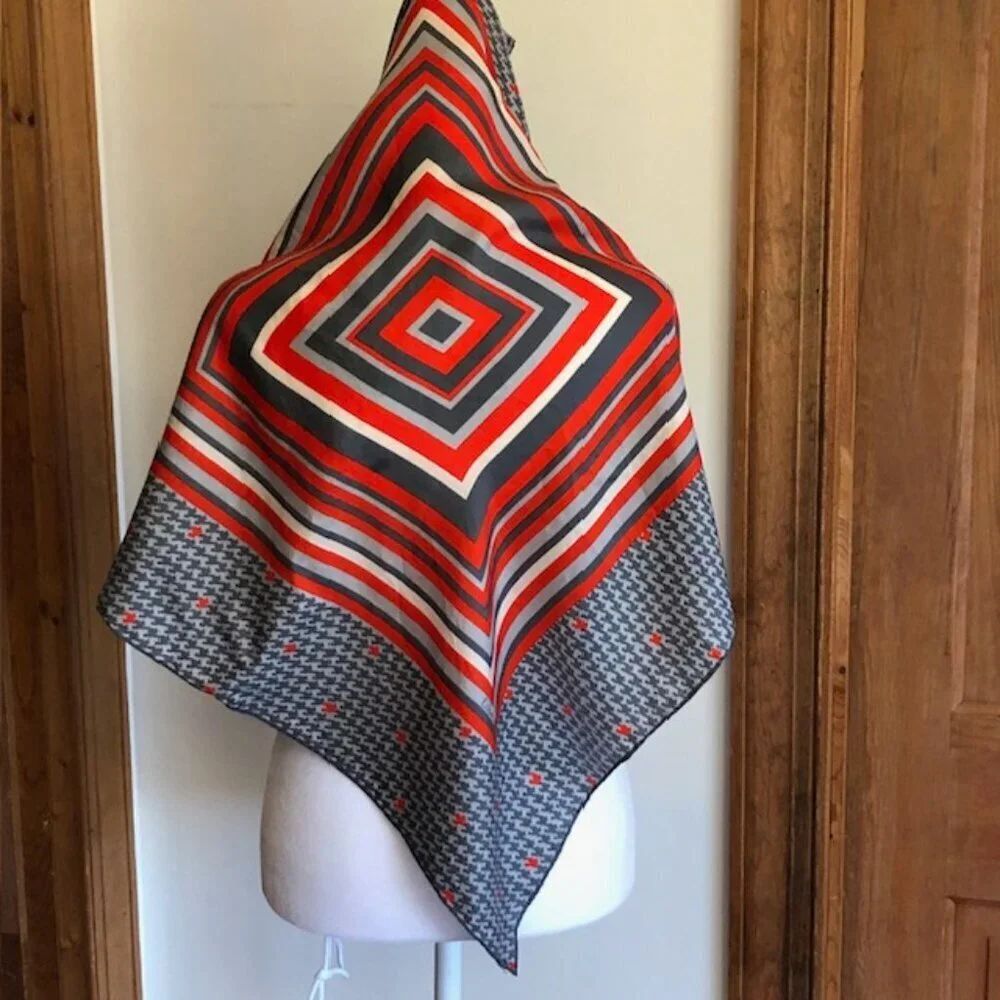 ECHO Silk Gray Red Square Scarf Vintage